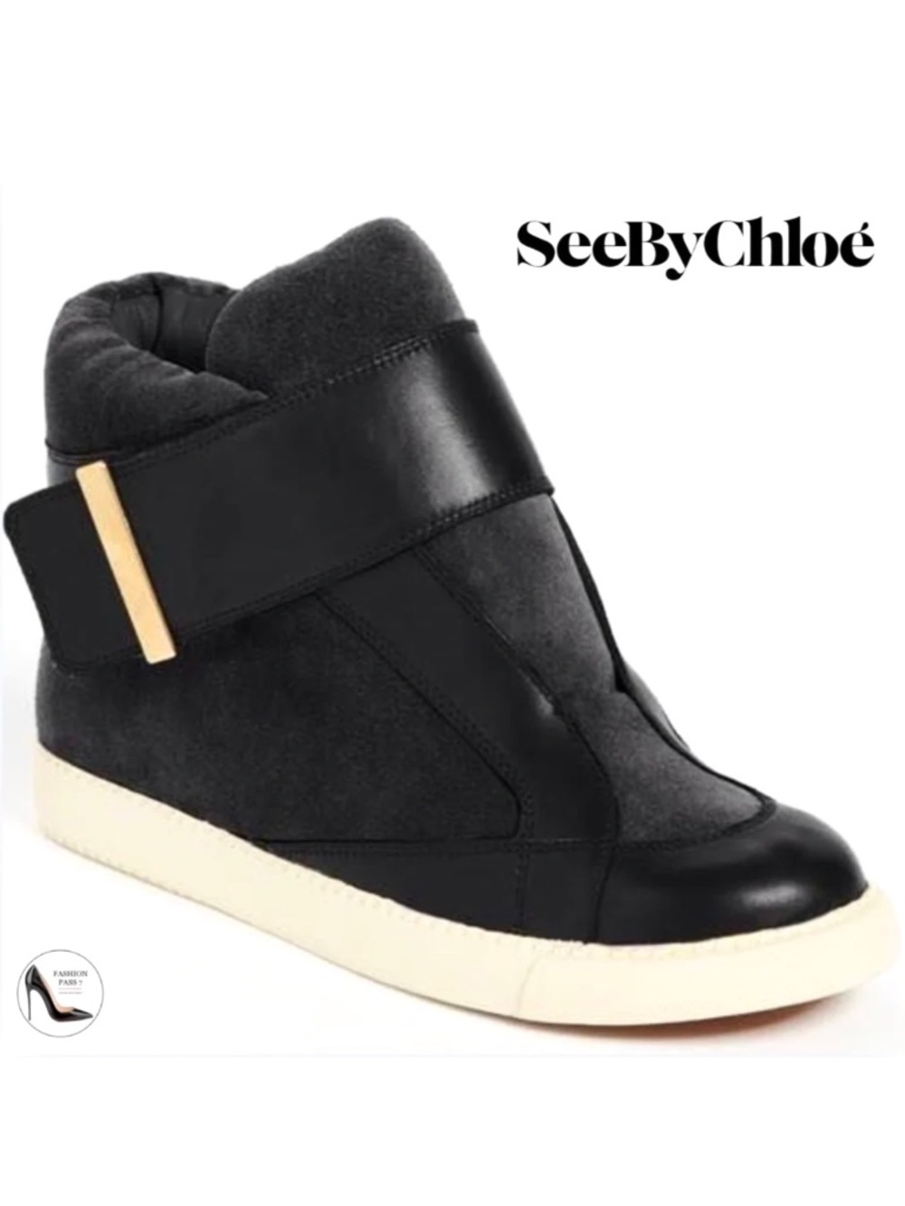 SEE BY CHLOE Sami Black Nappa Leather High Top Ankle Sneaker Booties with Buckle
